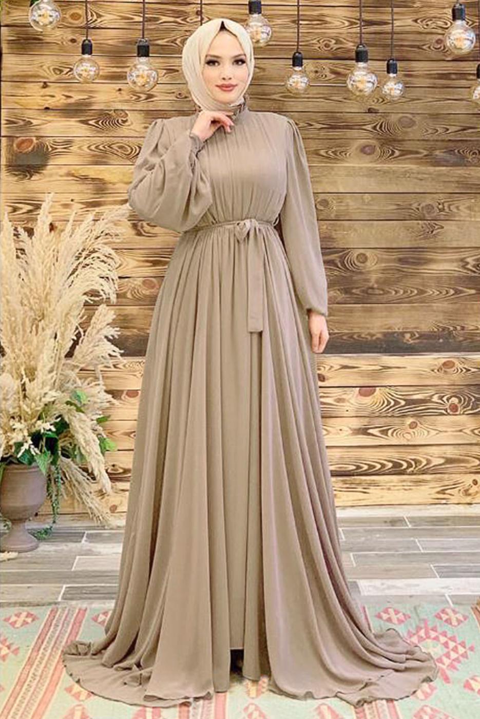 Tesettür giyim VİZON FIRFIRLI KUŞAKLI ŞİFON ELBİSE T 6794