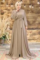 Tesettür giyim VİZON FIRFIRLI KUŞAKLI ŞİFON ELBİSE T 6794