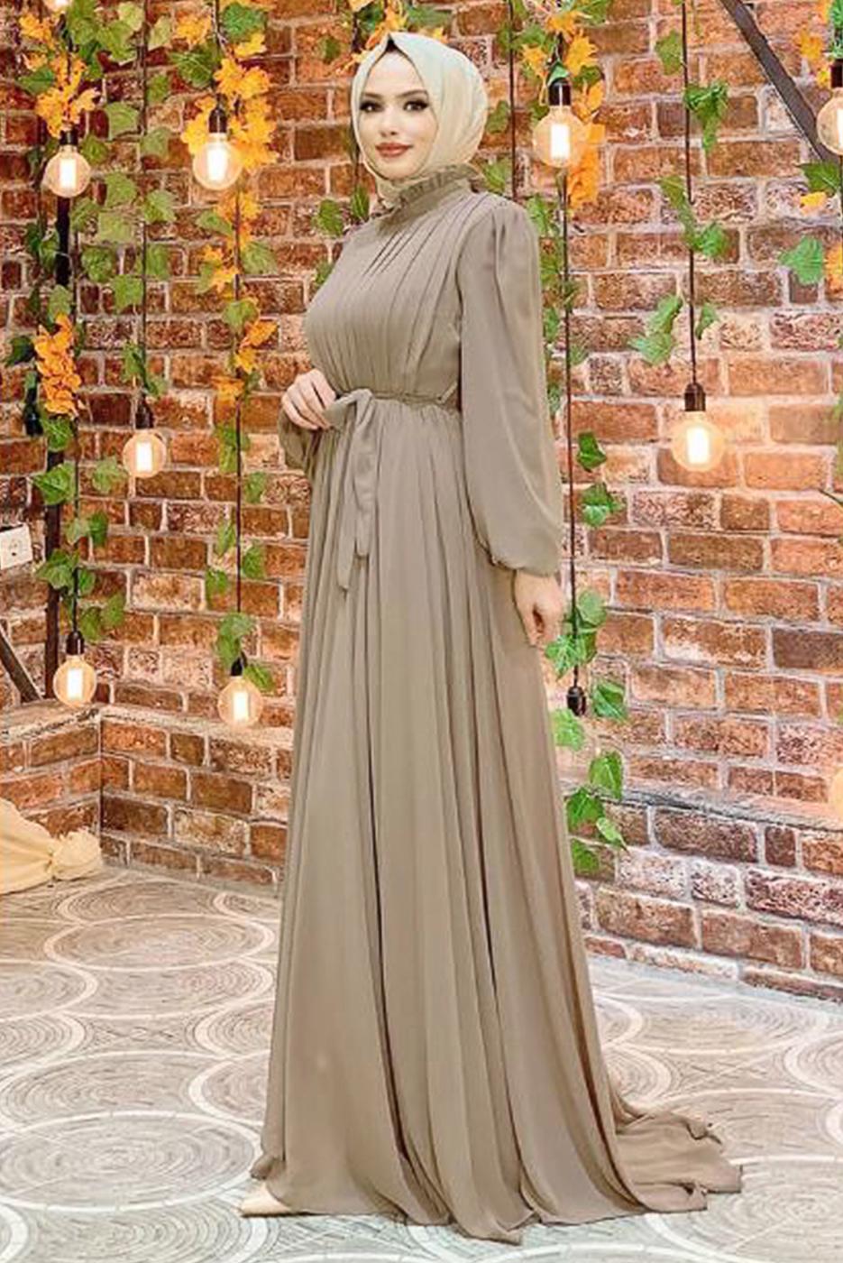 Tesettür giyim VİZON FIRFIRLI KUŞAKLI ŞİFON ELBİSE T 6794