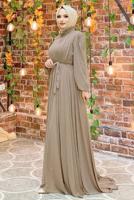 Tesettür giyim VİZON FIRFIRLI KUŞAKLI ŞİFON ELBİSE T 6794