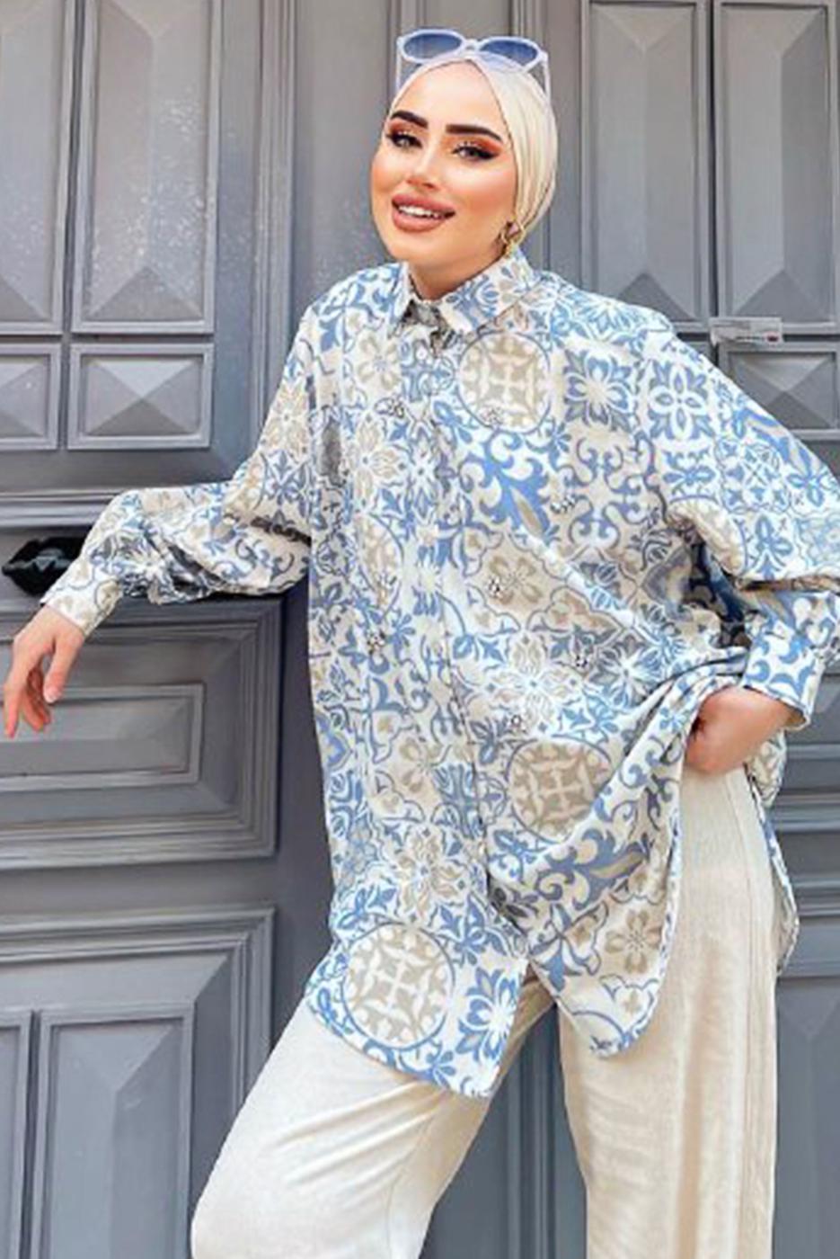 Tesettür giyim MAVİ ETNİK DESENLİ TUNİK 8558 