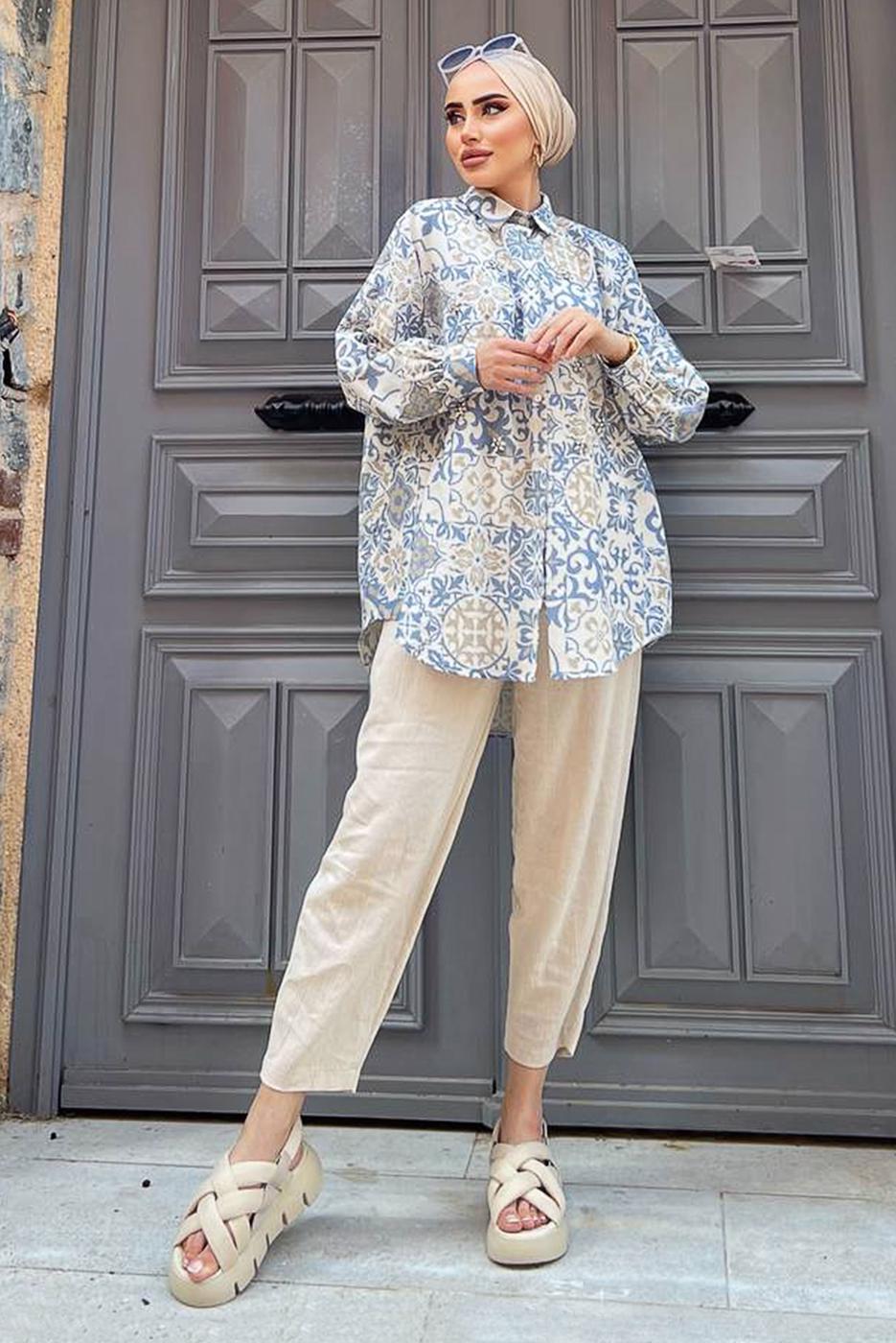 Tesettür giyim MAVİ ETNİK DESENLİ TUNİK 8558 