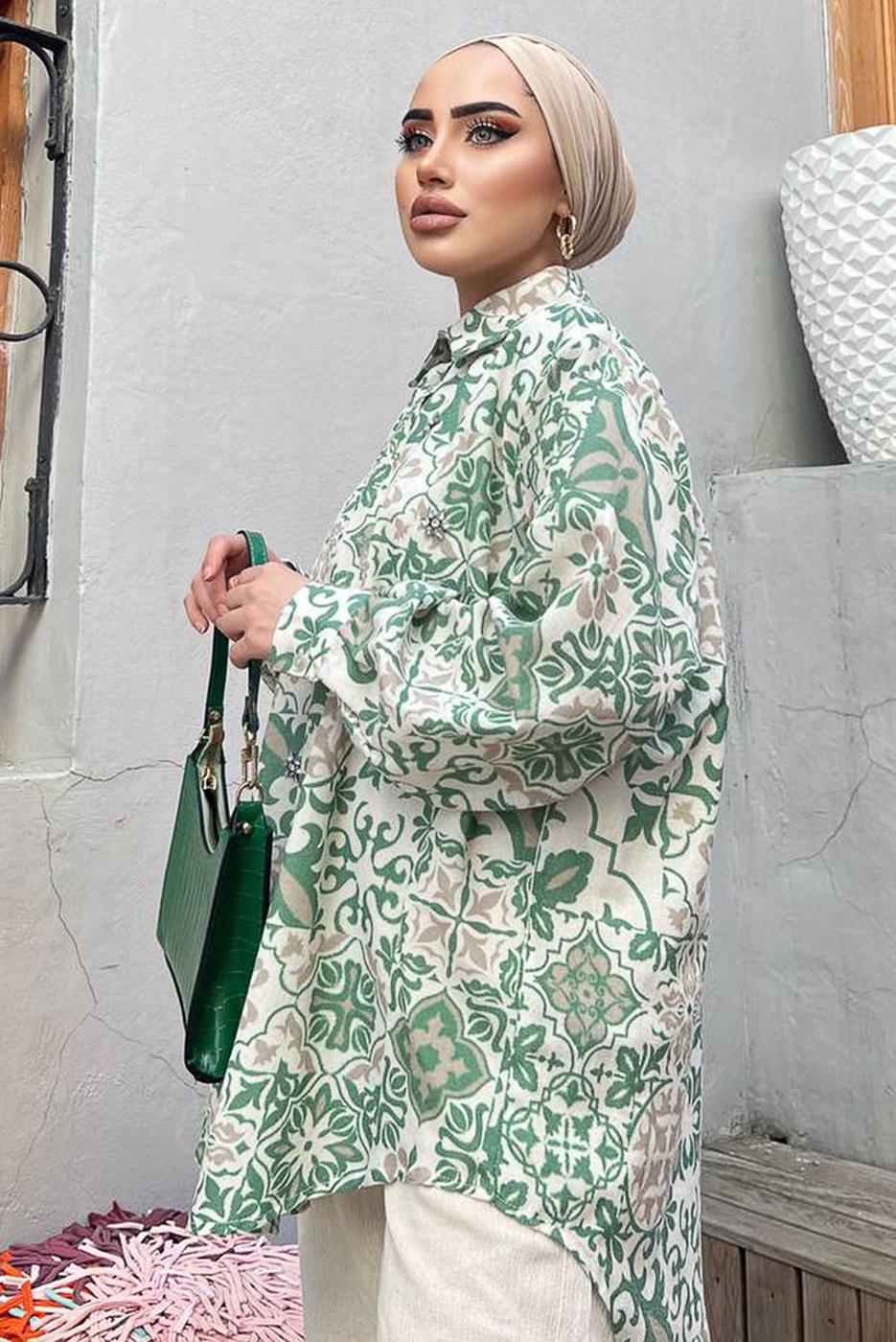 Tesettür giyim YEŞİL ETNİK DESENLİ TUNİK 8558 
