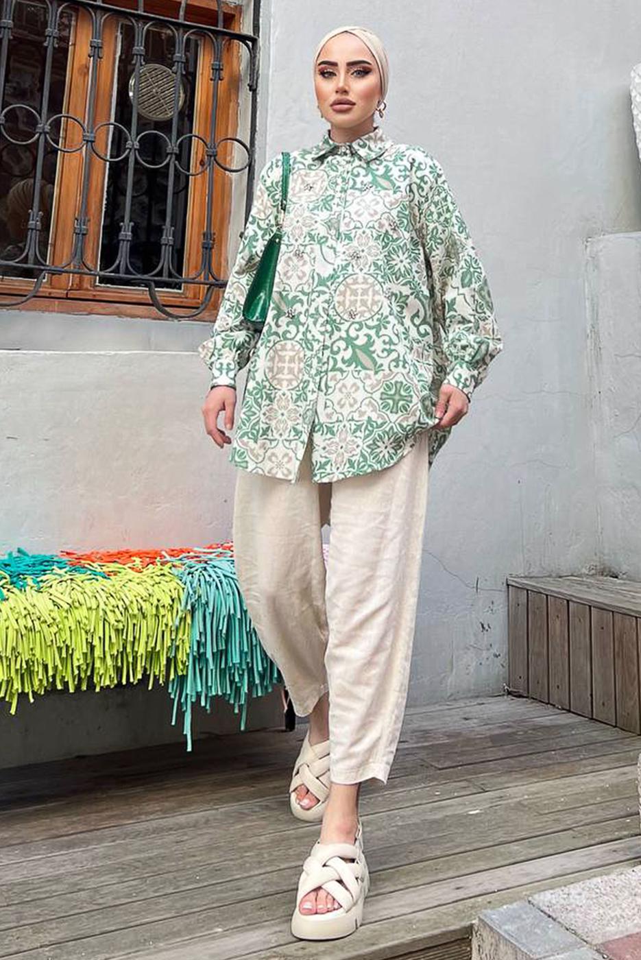 Tesettür giyim YEŞİL ETNİK DESENLİ TUNİK 8558 