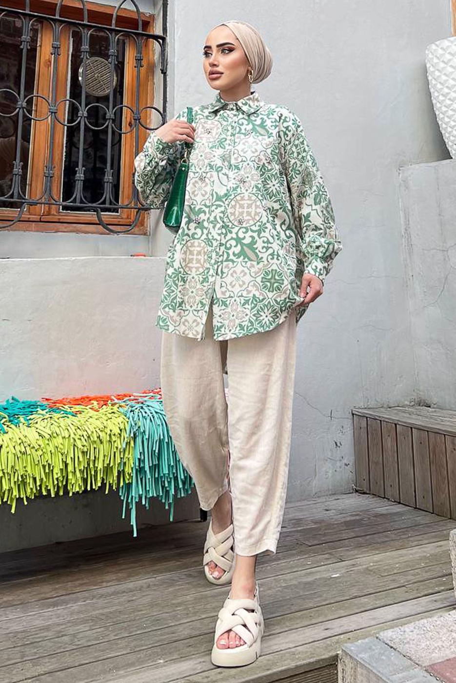 Tesettür giyim YEŞİL ETNİK DESENLİ TUNİK 8558 