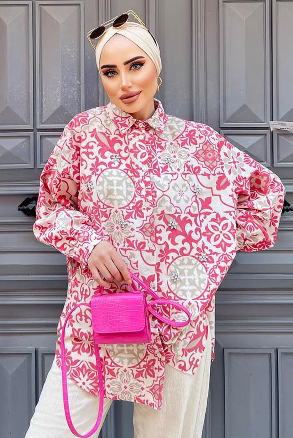 Tesettür giyim PEMBE ETNİK DESENLİ TUNİK 8558 