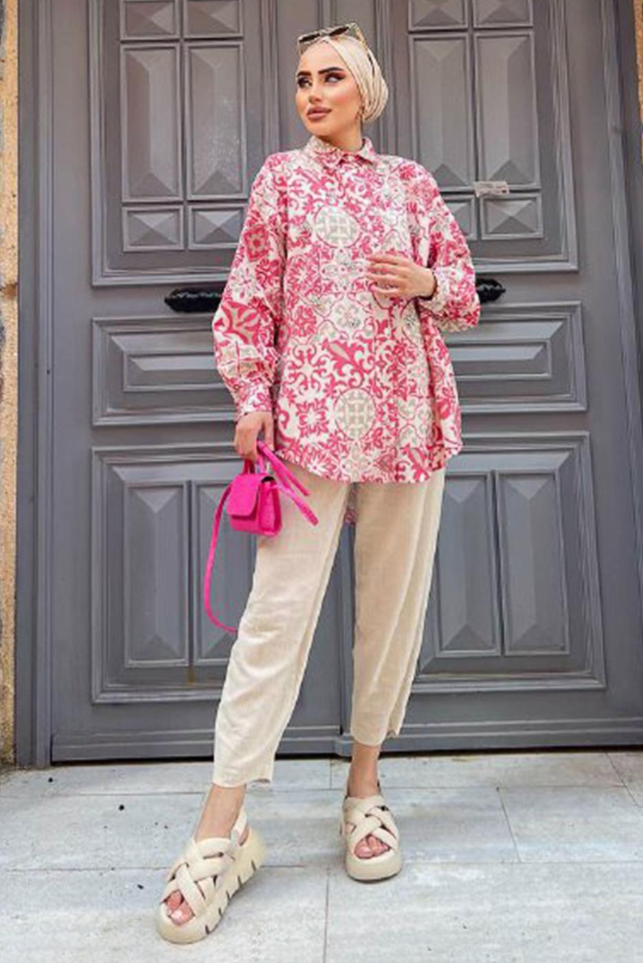 Tesettür giyim PEMBE ETNİK DESENLİ TUNİK 8558 