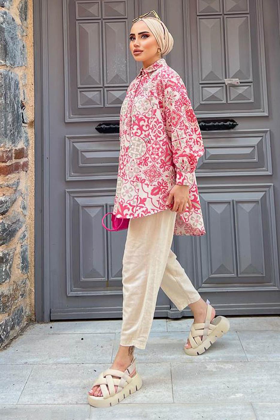 Tesettür giyim PEMBE ETNİK DESENLİ TUNİK 8558 