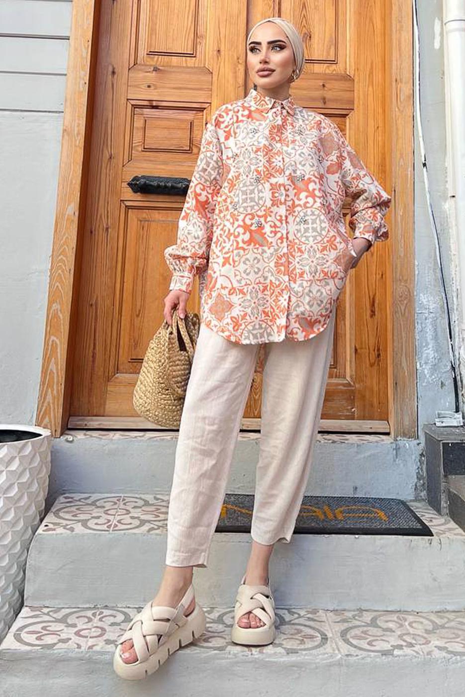 Tesettür giyim TURUNCU ETNİK DESENLİ TUNİK 8558 