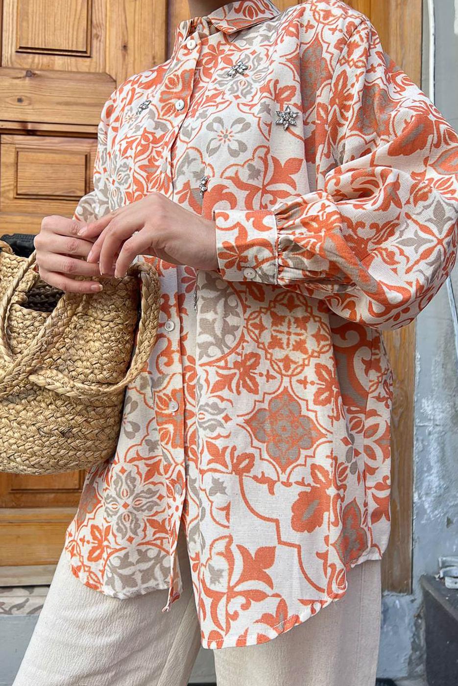 Tesettür giyim TURUNCU ETNİK DESENLİ TUNİK 8558 