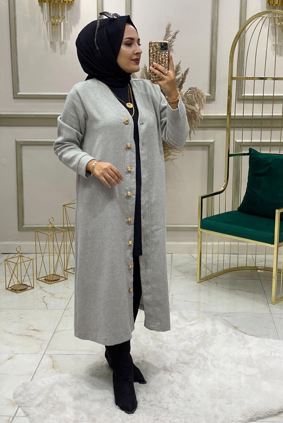 Tesettür giyim GRİ DÜĞMELİ TRİKO HIRKA 4975 