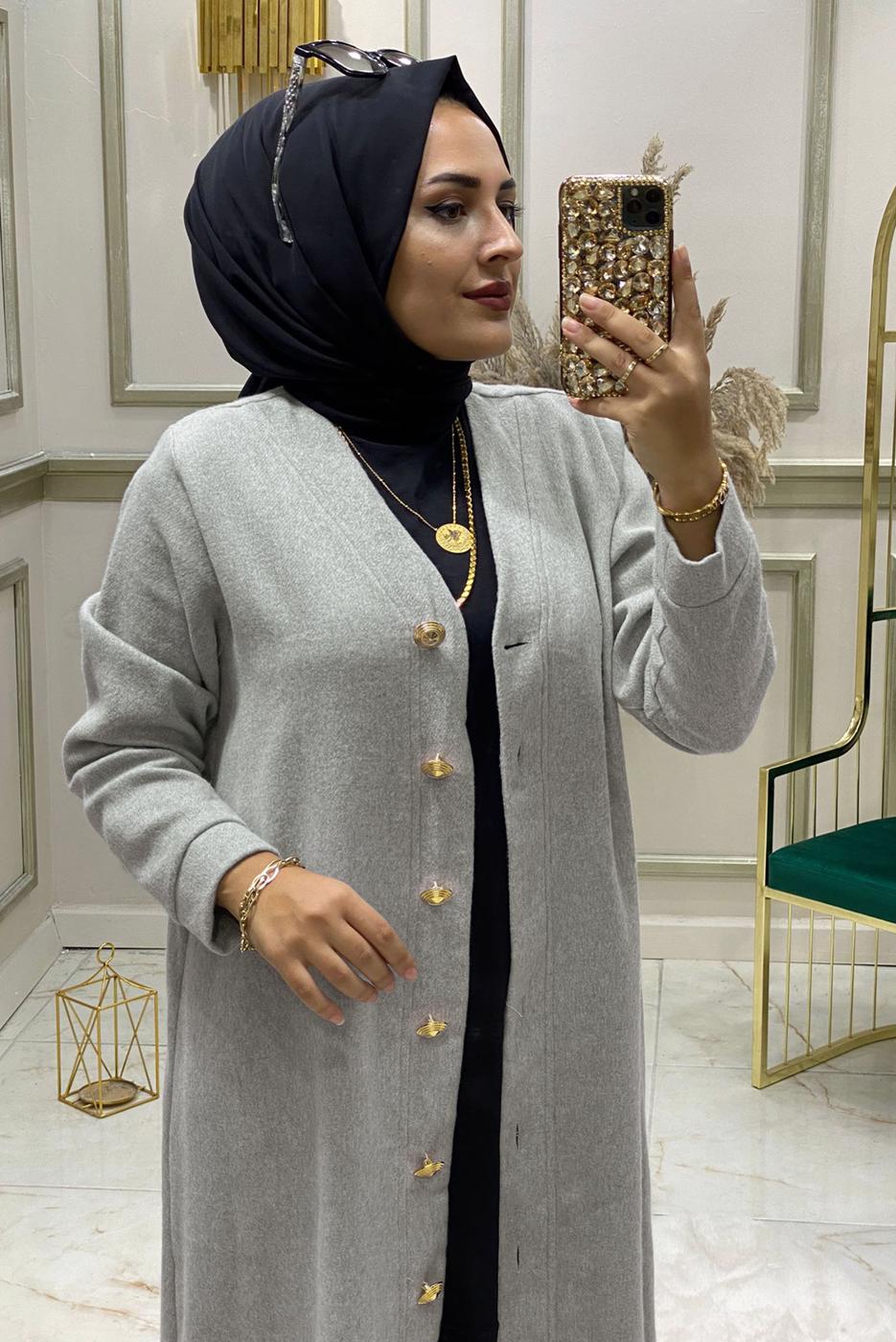 Tesettür giyim GRİ DÜĞMELİ TRİKO HIRKA 4975 