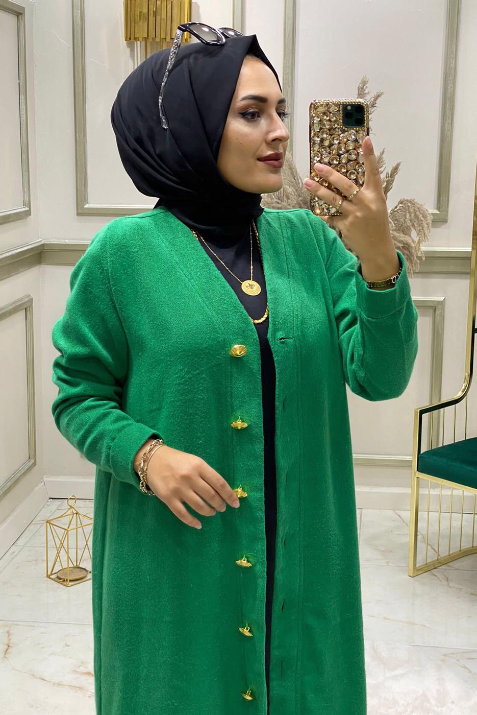 Tesettür giyim YEŞİL DÜĞMELİ TRİKO HIRKA 4975 