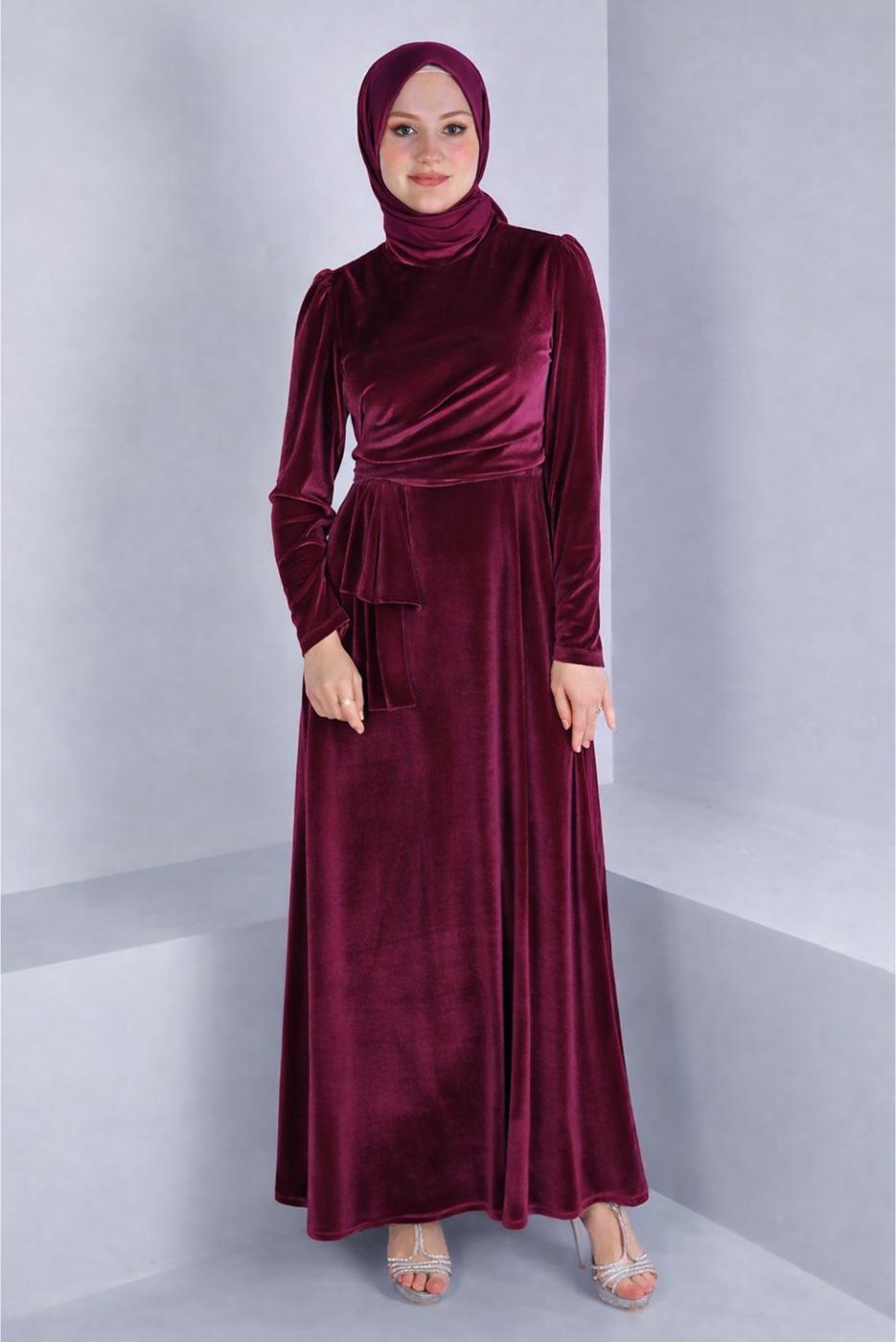 Tesettür giyim BORDO ALVİNA KADİFE ABİYE ELBİSE T 50281