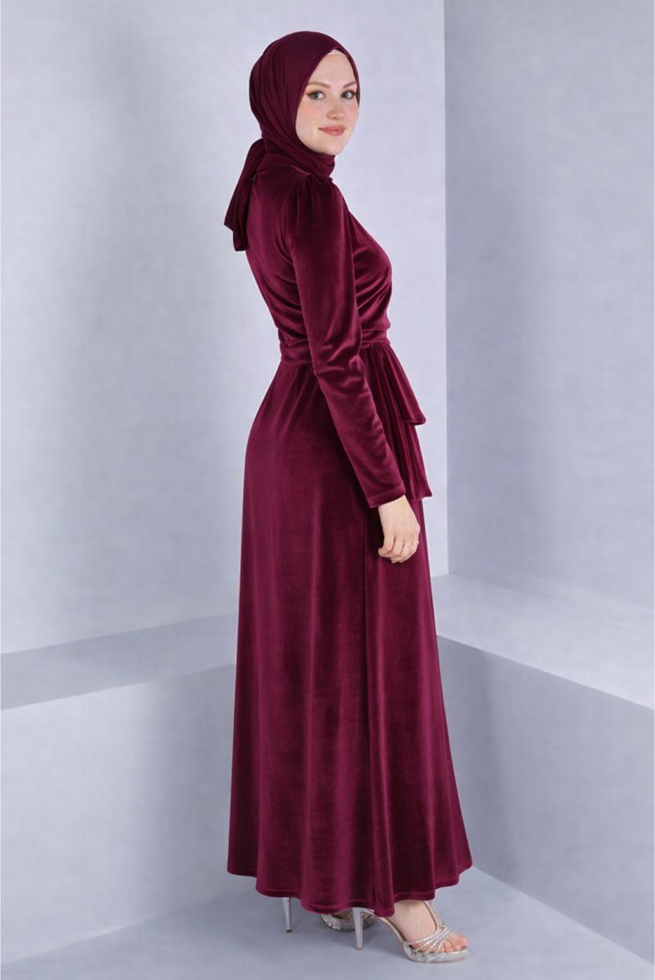 Tesettür giyim BORDO ALVİNA KADİFE ABİYE ELBİSE T 50281