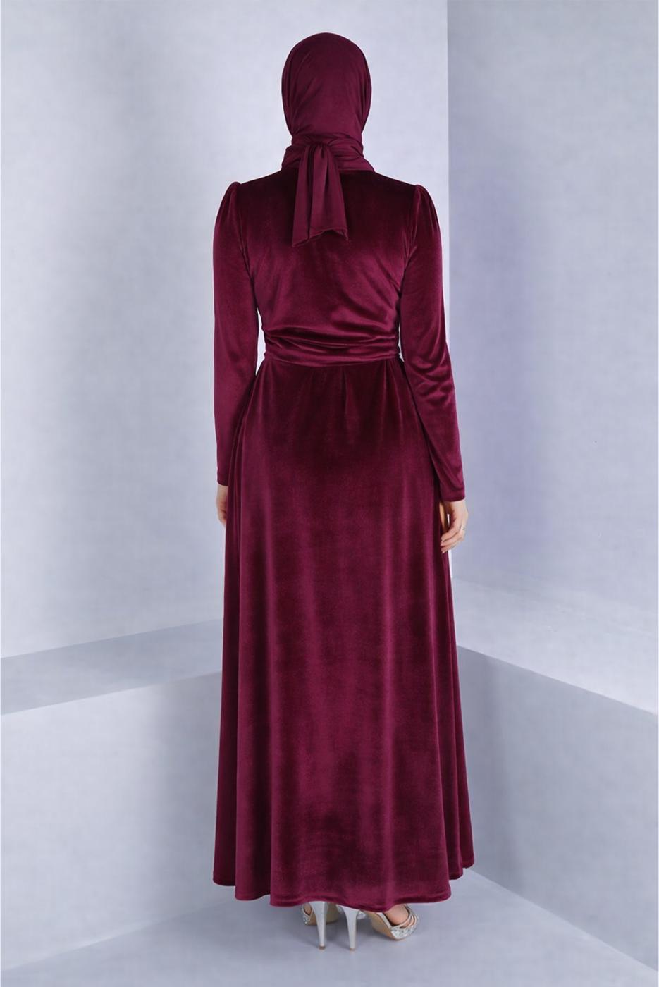 Tesettür giyim BORDO ALVİNA KADİFE ABİYE ELBİSE T 50281