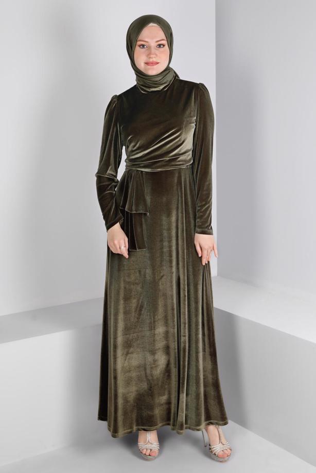 Tesettür giyim HAKİ ALVİNA KADİFE ABİYE ELBİSE T 50281 - TRENDTESETTÜR