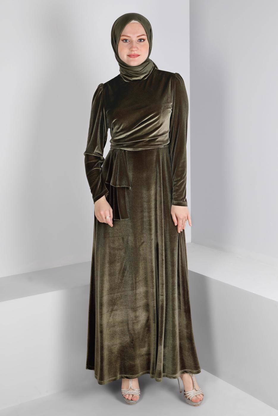 Tesettür giyim HAKİ ALVİNA KADİFE ABİYE ELBİSE T 50281