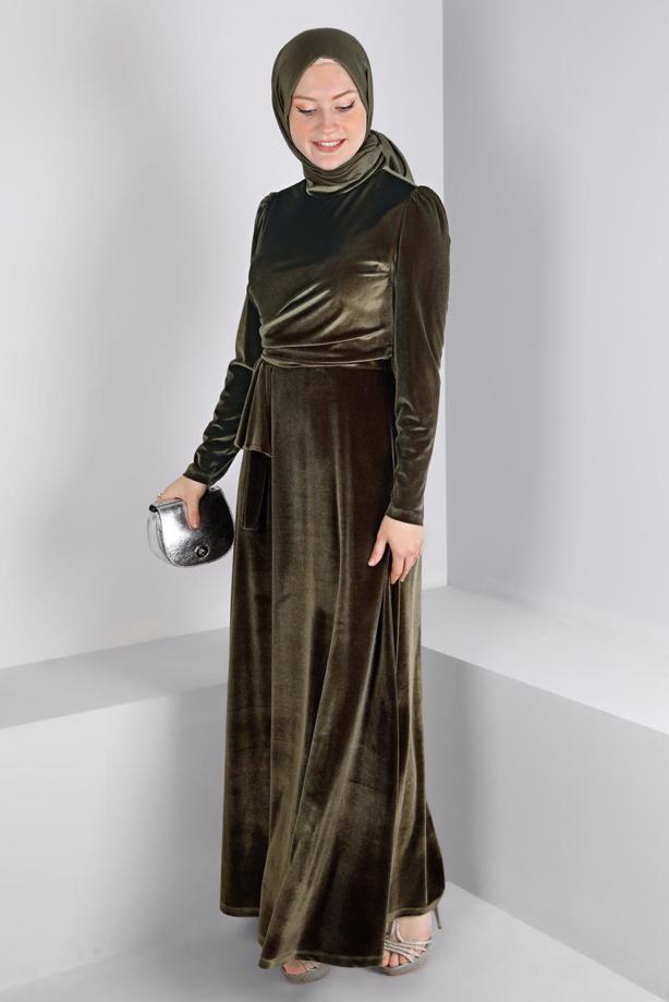 Tesettür giyim HAKİ ALVİNA KADİFE ABİYE ELBİSE T 50281 - TRENDTESETTÜR