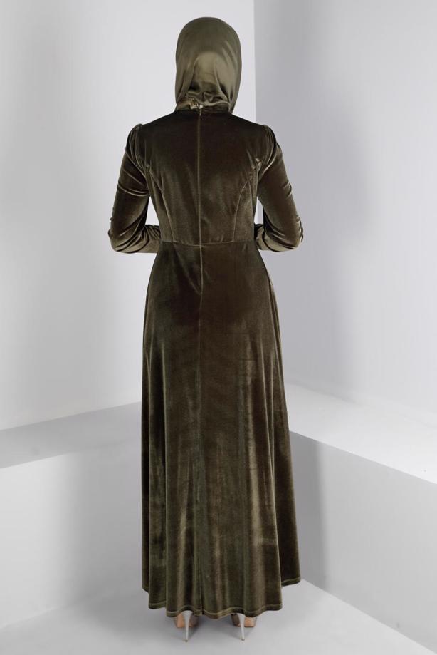 Tesettür giyim HAKİ ALVİNA KADİFE ABİYE ELBİSE T 50281 - TRENDTESETTÜR