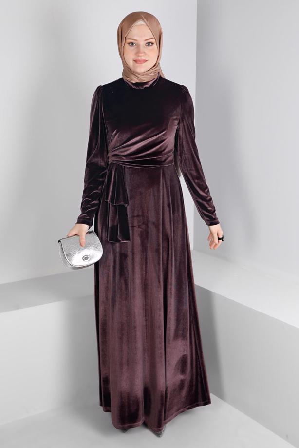 Tesettür giyim KAHVE ALVİNA KADİFE ABİYE ELBİSE T 50281 - TRENDTESETTÜR