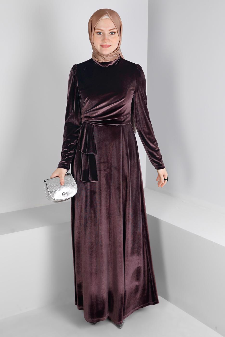 Tesettür giyim KAHVE ALVİNA KADİFE ABİYE ELBİSE T 50281