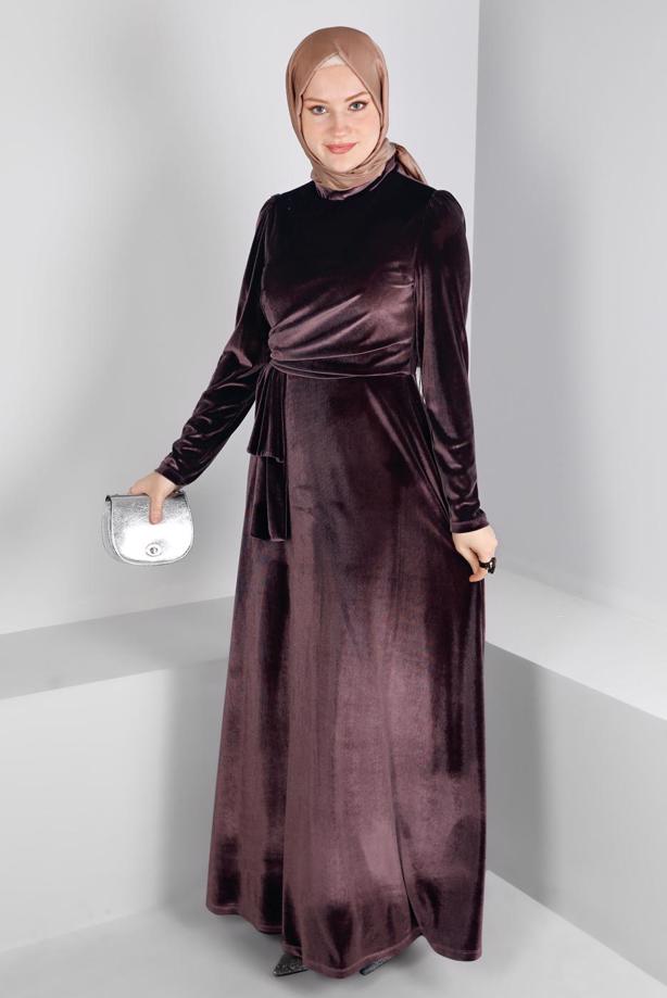Tesettür giyim KAHVE ALVİNA KADİFE ABİYE ELBİSE T 50281 - TRENDTESETTÜR