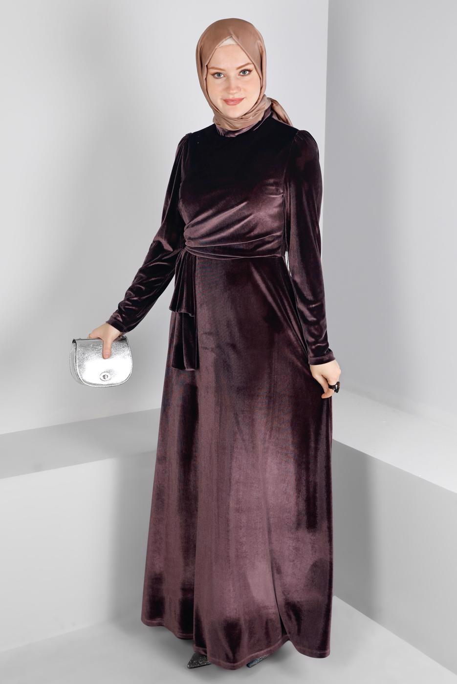 Tesettür giyim KAHVE ALVİNA KADİFE ABİYE ELBİSE T 50281