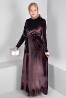 Tesettür giyim KAHVE ALVİNA KADİFE ABİYE ELBİSE T 50281