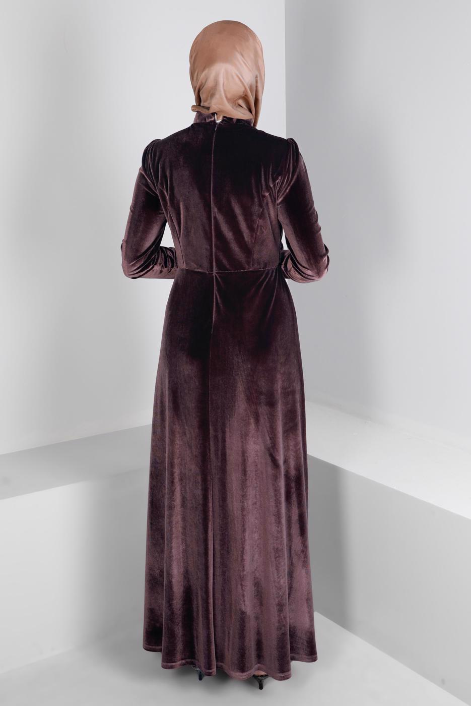 Tesettür giyim KAHVE ALVİNA KADİFE ABİYE ELBİSE T 50281