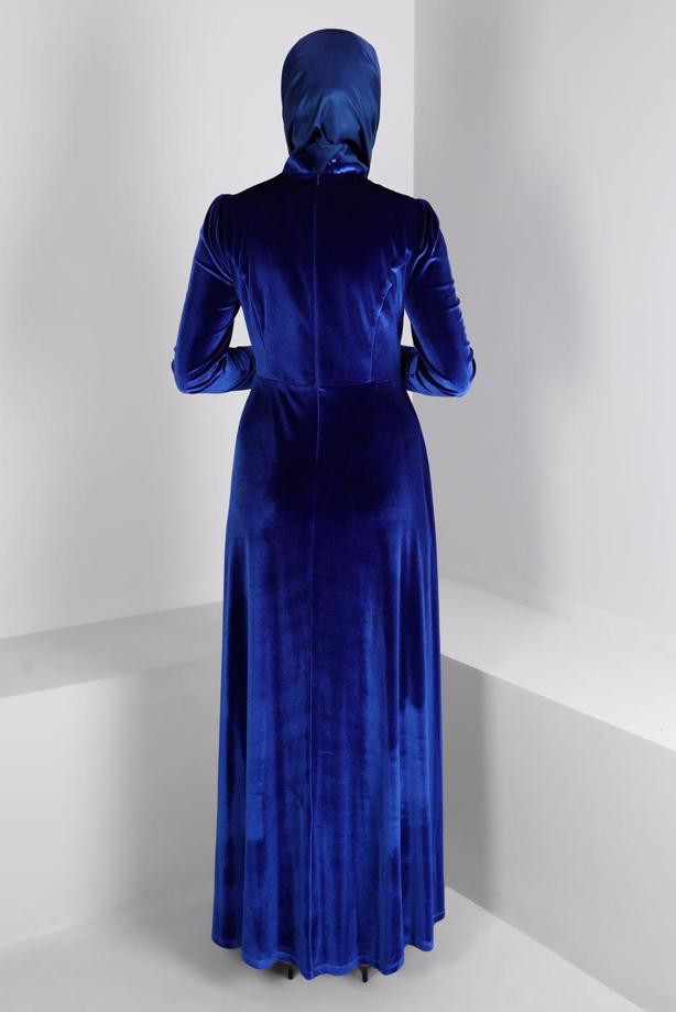 Tesettür giyim LACİVERT ALVİNA KADİFE ABİYE ELBİSE T 50281 - TRENDTESETTÜR