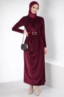 Tesettür giyim BORDO ALVİNA KEMERLİ KADİFE ABİYE ELBİSE T 50282