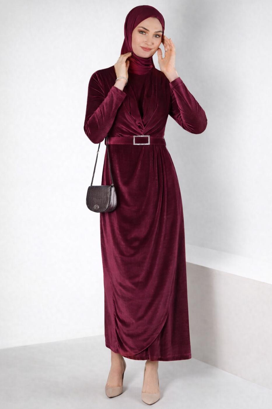 Tesettür giyim BORDO ALVİNA KEMERLİ KADİFE ABİYE ELBİSE T 50282