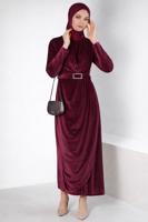 Tesettür giyim BORDO ALVİNA KEMERLİ KADİFE ABİYE ELBİSE T 50282