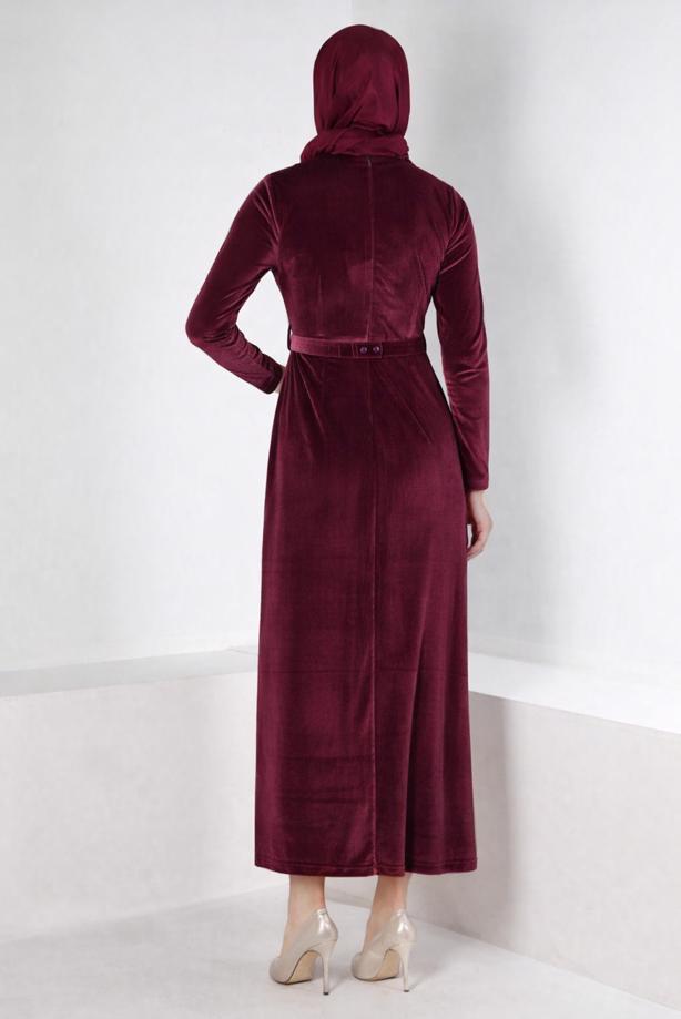 Tesettür giyim BORDO ALVİNA KEMERLİ KADİFE ABİYE ELBİSE T 50282 - TRENDTESETTÜR