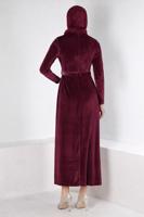 Tesettür giyim BORDO ALVİNA KEMERLİ KADİFE ABİYE ELBİSE T 50282