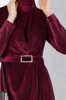 Tesettür giyim BORDO ALVİNA KEMERLİ KADİFE ABİYE ELBİSE T 50282