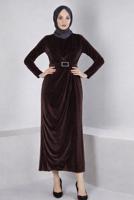 Tesettür giyim KAHVE ALVİNA KEMERLİ KADİFE ABİYE ELBİSE T 50282