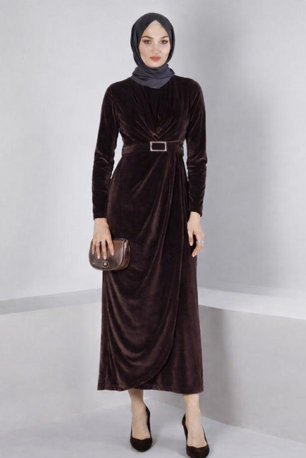 Tesettür giyim KAHVE ALVİNA KEMERLİ KADİFE ABİYE ELBİSE T 50282 - TRENDTESETTÜR