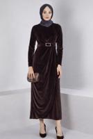 Tesettür giyim KAHVE ALVİNA KEMERLİ KADİFE ABİYE ELBİSE T 50282