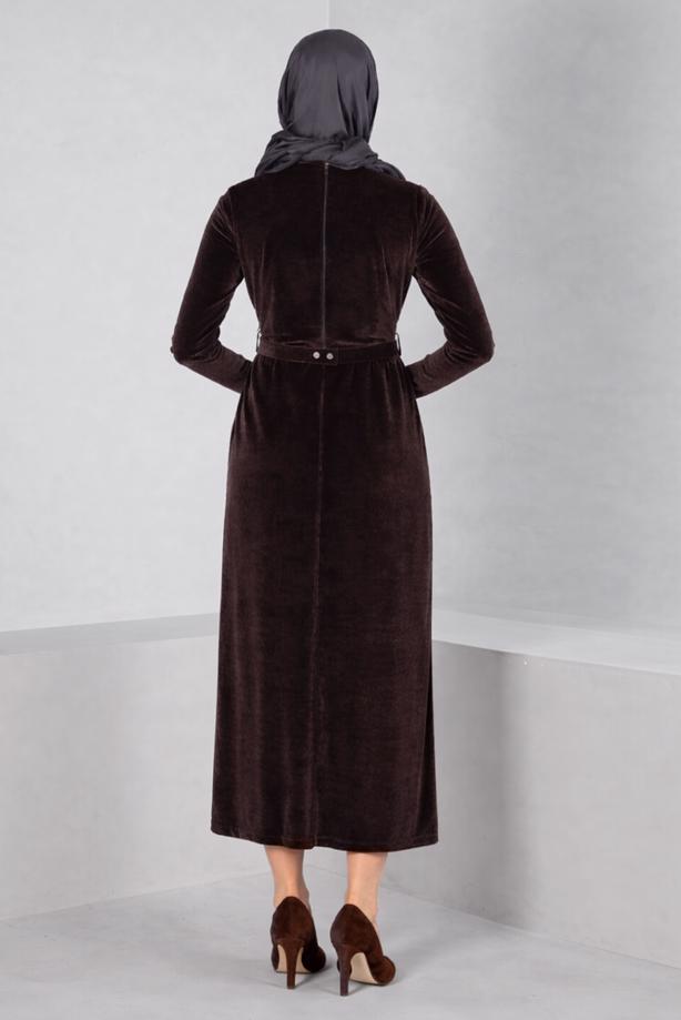 Tesettür giyim KAHVE ALVİNA KEMERLİ KADİFE ABİYE ELBİSE T 50282 - TRENDTESETTÜR