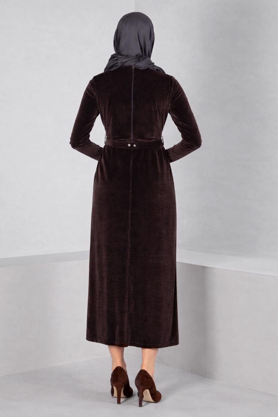 Tesettür giyim KAHVE ALVİNA KEMERLİ KADİFE ABİYE ELBİSE T 50282
