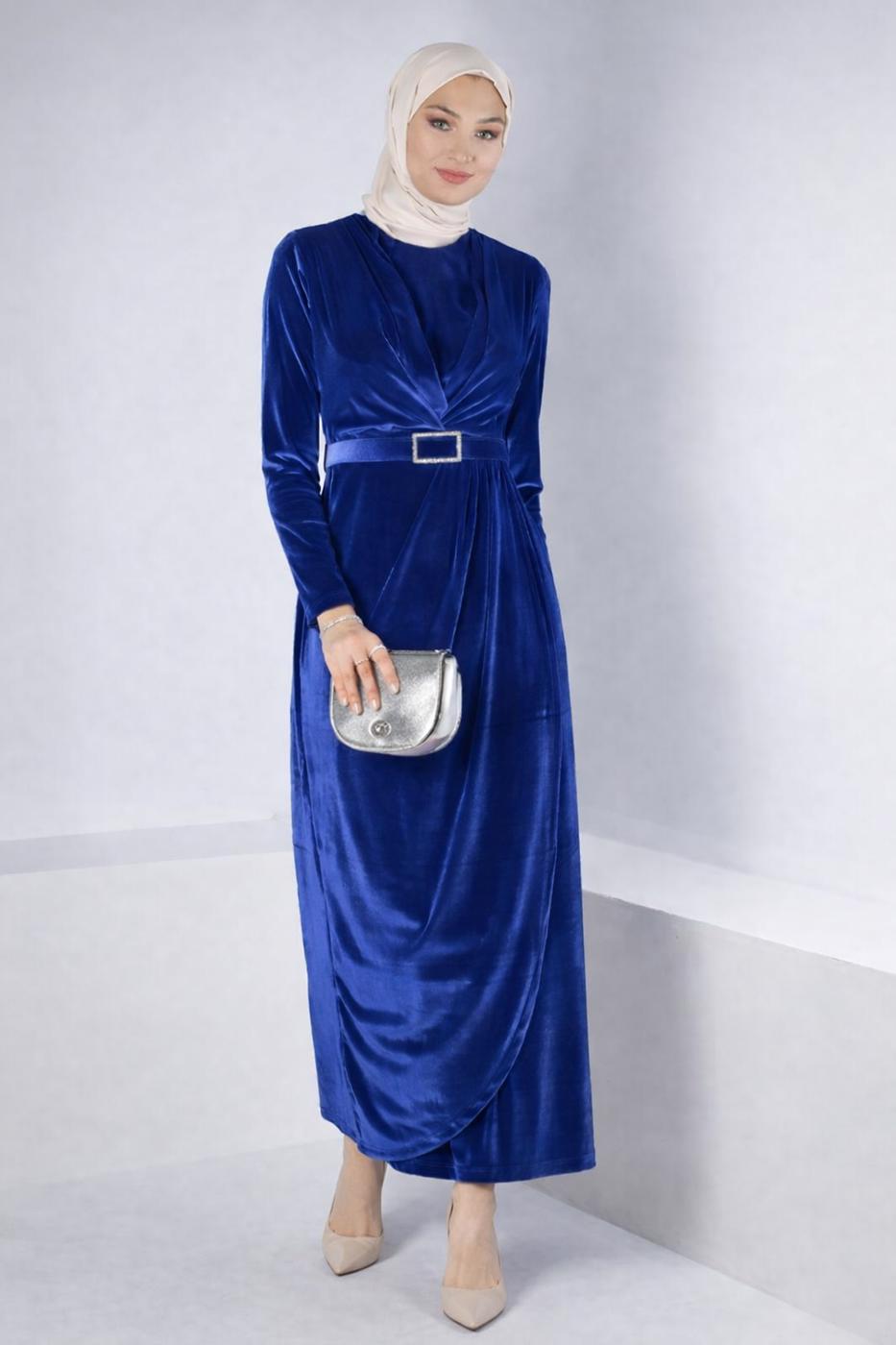 Tesettür giyim LACİVERT ALVİNA KEMERLİ KADİFE ABİYE ELBİSE T 50282