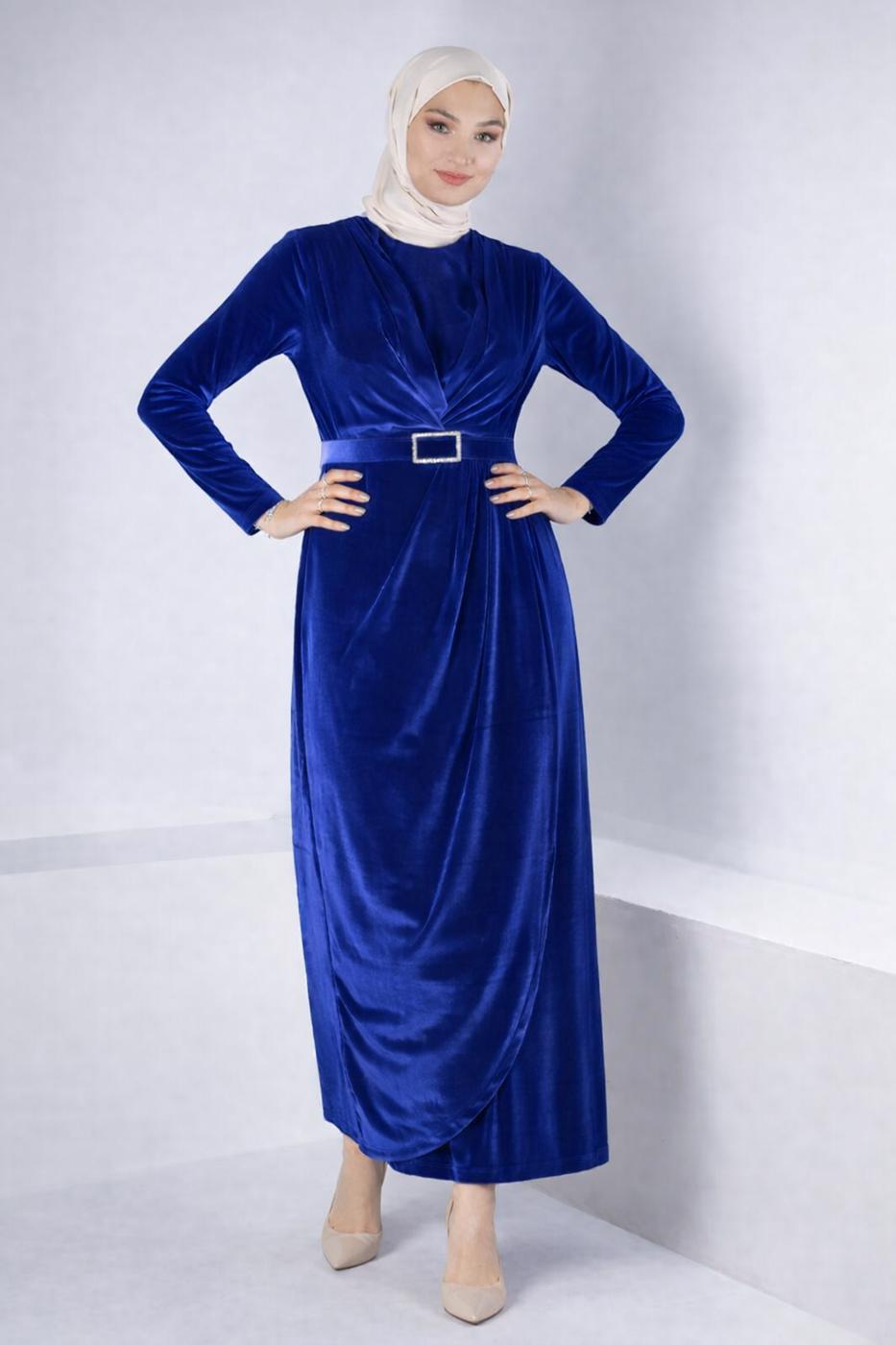 Tesettür giyim LACİVERT ALVİNA KEMERLİ KADİFE ABİYE ELBİSE T 50282