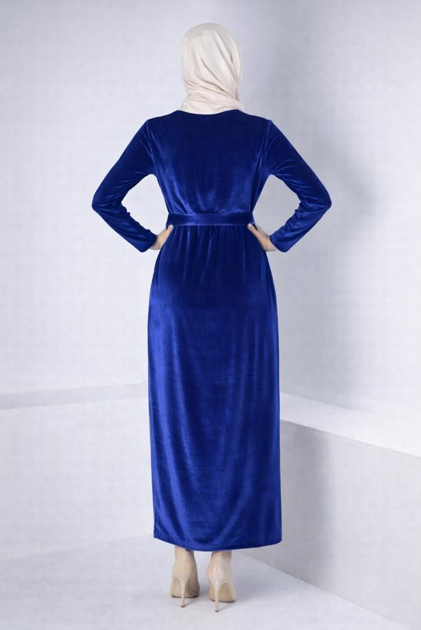 Tesettür giyim LACİVERT ALVİNA KEMERLİ KADİFE ABİYE ELBİSE T 50282 - TRENDTESETTÜR