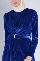 Tesettür giyim LACİVERT ALVİNA KEMERLİ KADİFE ABİYE ELBİSE T 50282