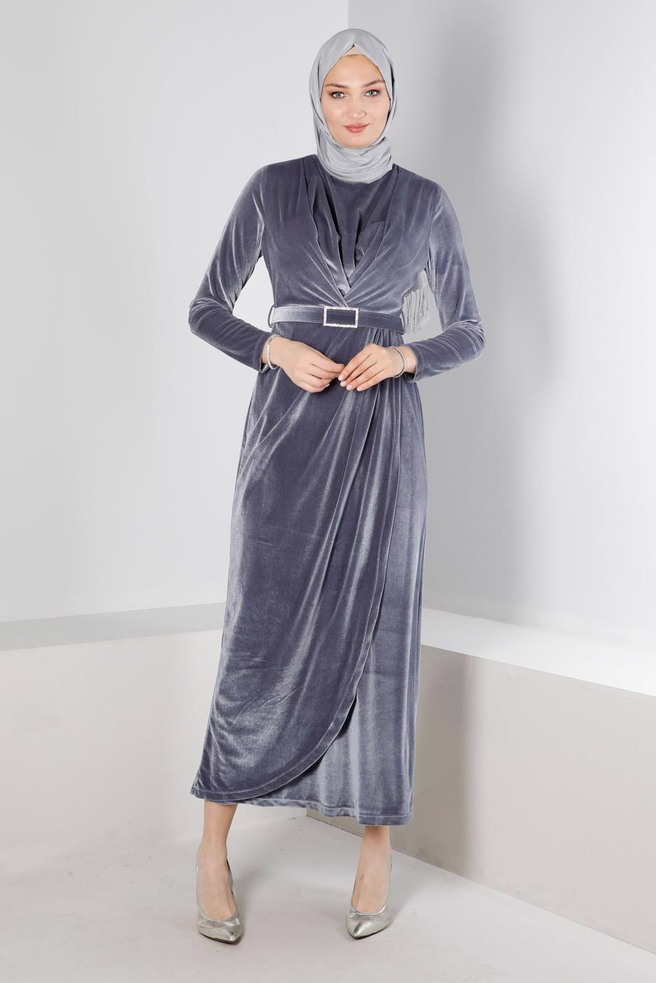 Tesettür giyim GÜMÜŞ ALVİNA KEMERLİ KADİFE ABİYE ELBİSE T 50282