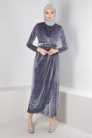 Tesettür giyim GÜMÜŞ ALVİNA KEMERLİ KADİFE ABİYE ELBİSE T 50282