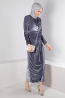 Tesettür giyim GÜMÜŞ ALVİNA KEMERLİ KADİFE ABİYE ELBİSE T 50282