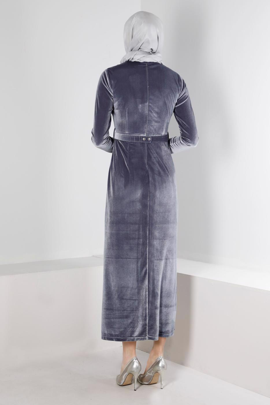 Tesettür giyim GÜMÜŞ ALVİNA KEMERLİ KADİFE ABİYE ELBİSE T 50282